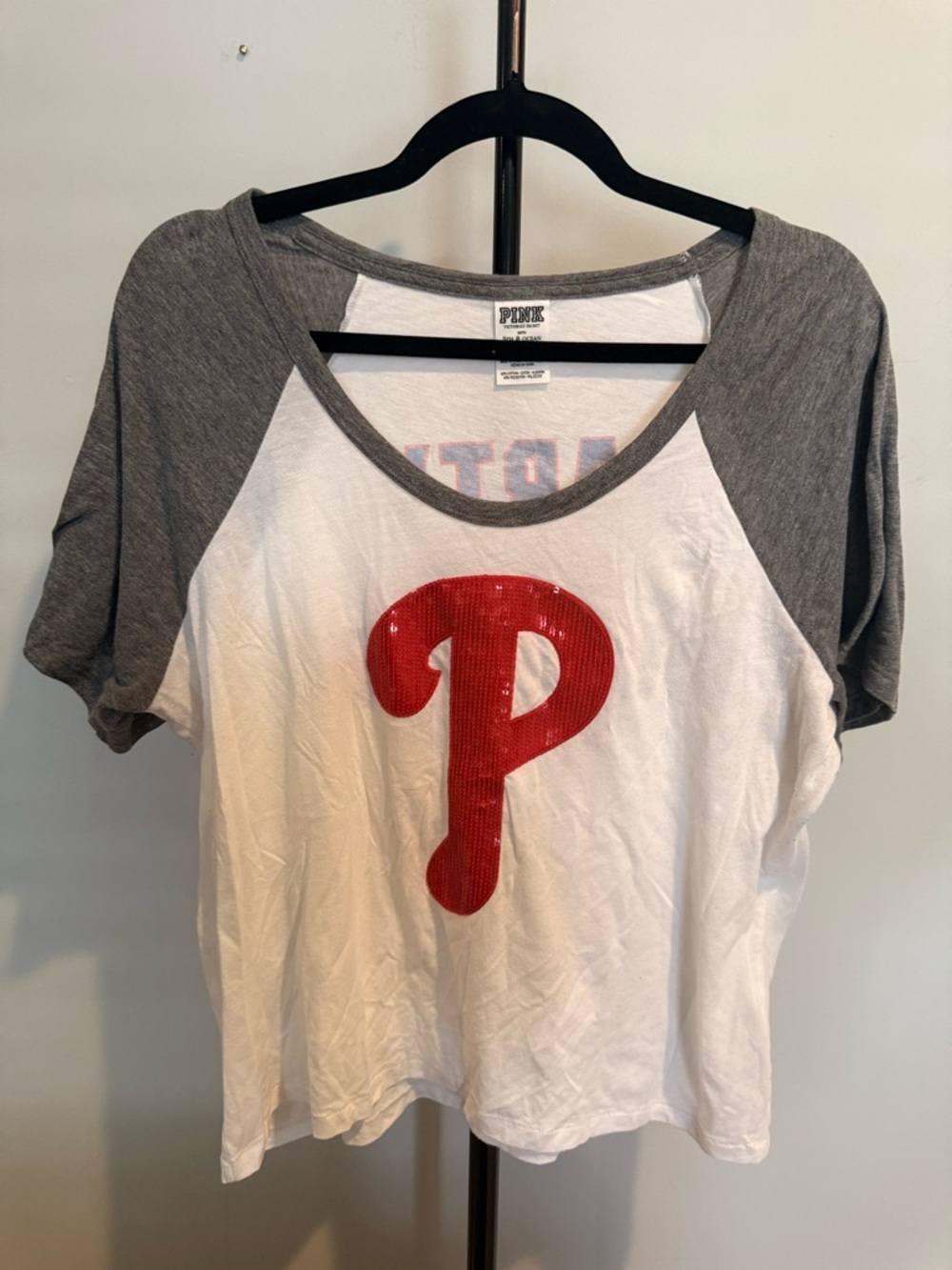 PINK Victoria's Secret Phillies White Tee with Gray Raglan Sleeves